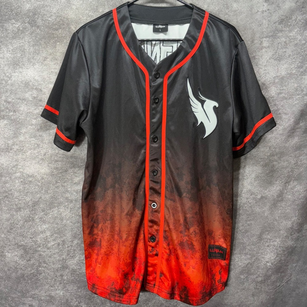 Illenium Ascend Tour Baseball Jersey Sz L Black Red Ombre Phoenix Angel EDM Rave
